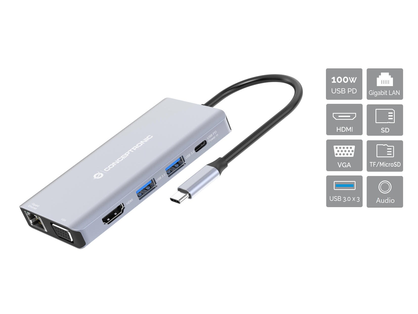 Conceptronic DONN20G 10-in-1 USB 3.2 Gen 1 Dockingstation, HDMI, USB-A 3.0 x 3