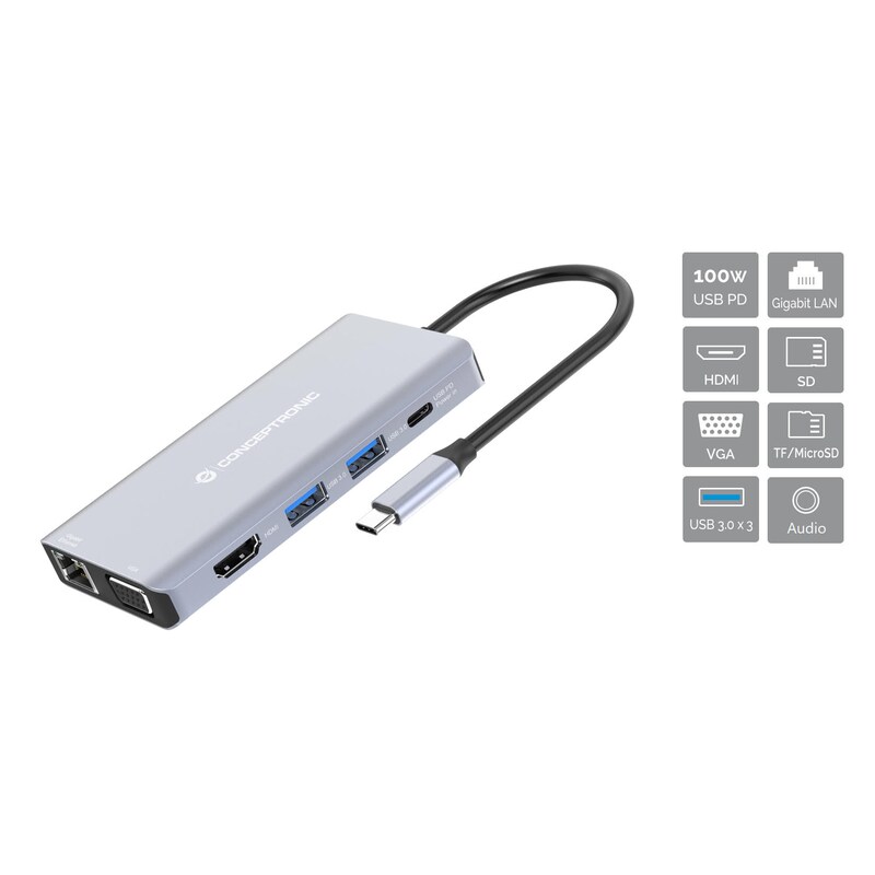 Conceptronic DONN20G 10-in-1 USB 3.2 Gen 1 Dockingstation, HDMI, USB-A 3.0 x 3