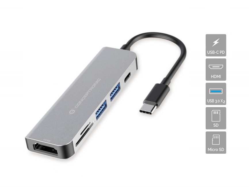 Conceptronic DONN Multifunktionaler 6-in-1 USB Adapter USB-A 3.0 x 2 USB-C PD