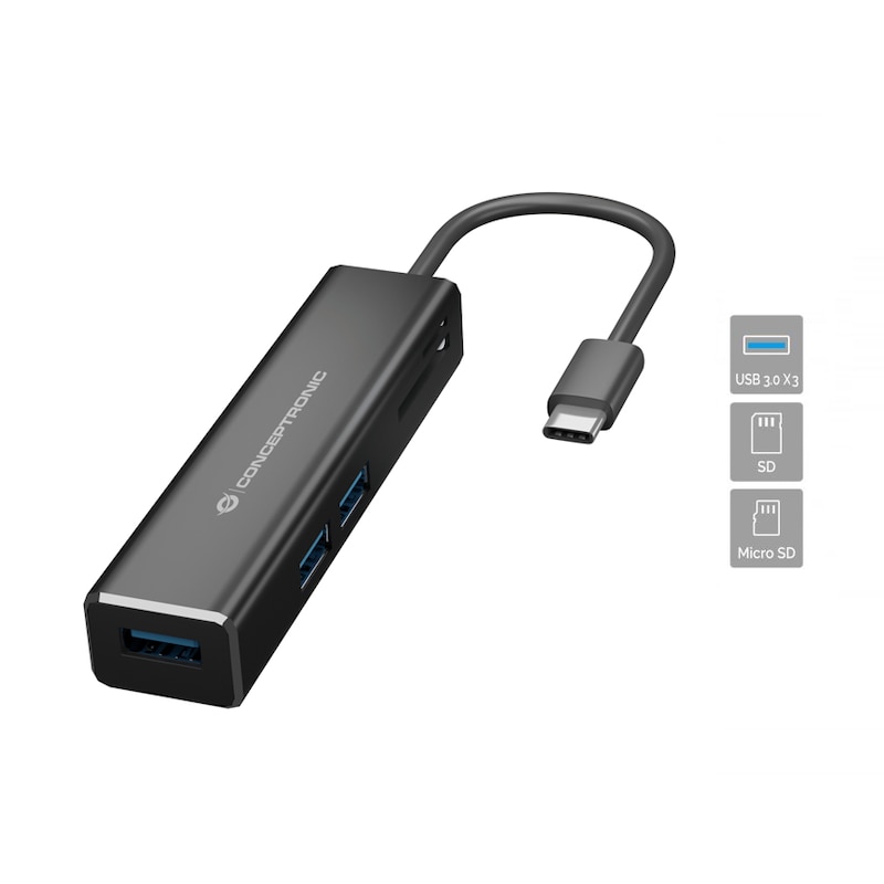 Conceptronic DONN08B 3-Port-USB-Hub mit Kartenleser