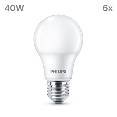 E27 40W günstig Kaufen-Philips LED Normallampe mit 40W, E27 Sockel, Matt, Warmwhite (2700K) 6er Pack. Philips LED Normallampe mit 40W, E27 Sockel, Matt, Warmwhite (2700K) 6er Pack <![CDATA[• Austauschtype: LED-Lampe / Sockel: E27 / Lichtfarbe: warmweiß • Energieeffizienzkl