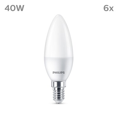 Kerze E14 günstig Kaufen-Philips LED Kerzenlampe mit 40W, E14 Sockel, Matt, Warmwhite (2700K) 6er Pack. Philips LED Kerzenlampe mit 40W, E14 Sockel, Matt, Warmwhite (2700K) 6er Pack <![CDATA[• Austauschtype: LED-Lampe / Sockel: E14 / Lichtfarbe: warmweiß • Energieeffizienzkl