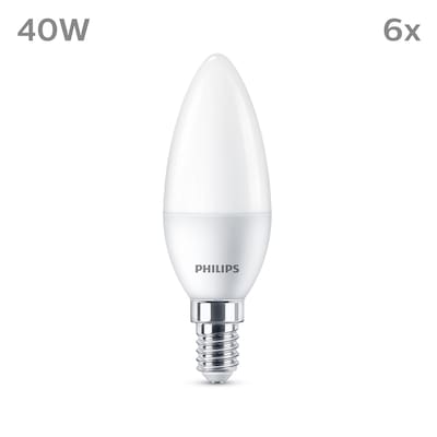 Lampe günstig Kaufen-Philips LED Kerzenlampe mit 40W, E14 Sockel, Matt, Warmwhite (2700K) 6er Pack. Philips LED Kerzenlampe mit 40W, E14 Sockel, Matt, Warmwhite (2700K) 6er Pack <![CDATA[• Austauschtype: LED-Lampe / Sockel: E14 / Lichtfarbe: warmweiß • Energieeffizienzkl