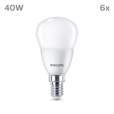 270 L günstig Kaufen-Philips LED Tropfenlampe mit 40W, E14 Sockel, Matt, Warmwhite (2700K) 6er Pack. Philips LED Tropfenlampe mit 40W, E14 Sockel, Matt, Warmwhite (2700K) 6er Pack <![CDATA[• Austauschtype: LED-Lampe / Sockel: E14 / Lichtfarbe: warmweiß • Energieeffizienz