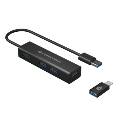Adapter 3 günstig Kaufen-Conceptronic HUBBIES06B 4-Port-USB 3.0-Hub und OTG-Adapter für USB-C. Conceptronic HUBBIES06B 4-Port-USB 3.0-Hub und OTG-Adapter für USB-C <![CDATA[• Aluminiumgehäuse für Wärmeableitung • Einfache Plug-and-Play-Installation • USB 3.2 Ge