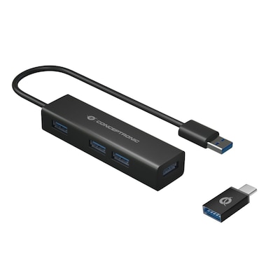 USB AC günstig Kaufen-Conceptronic HUBBIES06B 4-Port-USB 3.0-Hub und OTG-Adapter für USB-C. Conceptronic HUBBIES06B 4-Port-USB 3.0-Hub und OTG-Adapter für USB-C <![CDATA[• Aluminiumgehäuse für Wärmeableitung • Einfache Plug-and-Play-Installation • USB 3.2 Ge