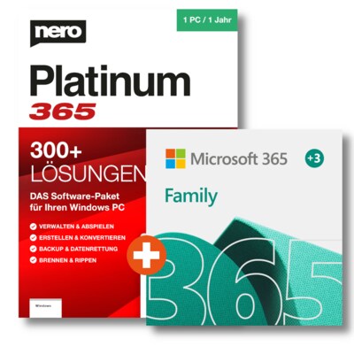 CD R günstig Kaufen-Microsoft 365 Family + NERO Platinum 365 | Download & Produktschlüssel. Microsoft 365 Family + NERO Platinum 365 | Download & Produktschlüssel <![CDATA[• Premium-Office-Apps und maximale Sicherheit für Ihre ganze Familie • 365 Famil