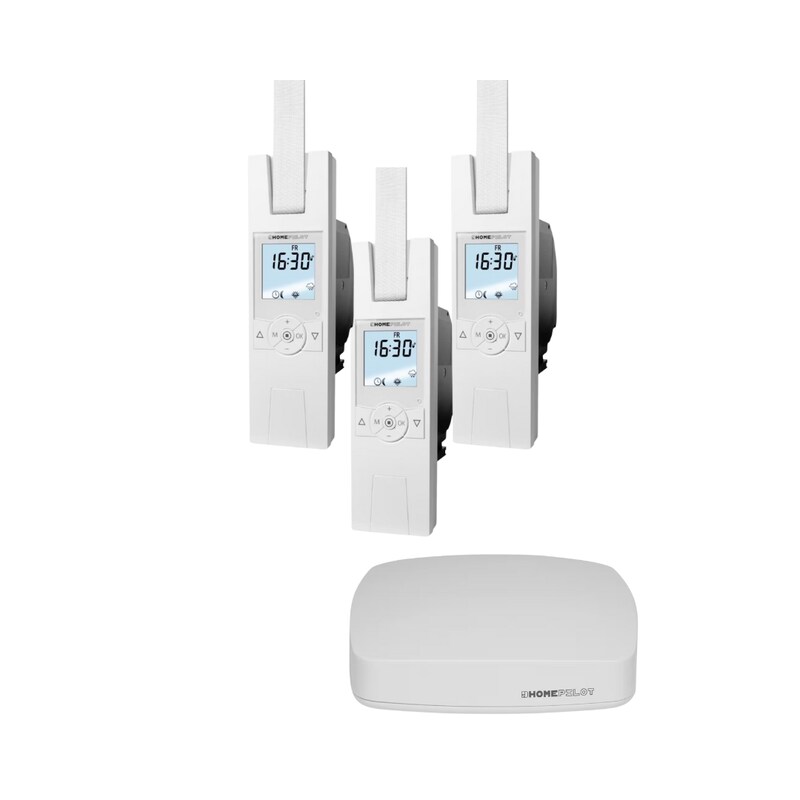 um den günstig Kaufen-Homepilot Starter Set Smarte Beschattung • 3 Gurtwickler RolloTron Premium smart. Homepilot Starter Set Smarte Beschattung • 3 Gurtwickler RolloTron Premium smart <![CDATA[• Elektrischer Funk-Gurtwickler für Rollläden • Tages-/Wochen-/Astrop