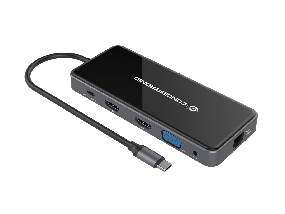 Conceptronic DONN15G 12-in-1 USB 3.2 Gen 1 Dockingstation, HDMI, VGA, Card-Reade