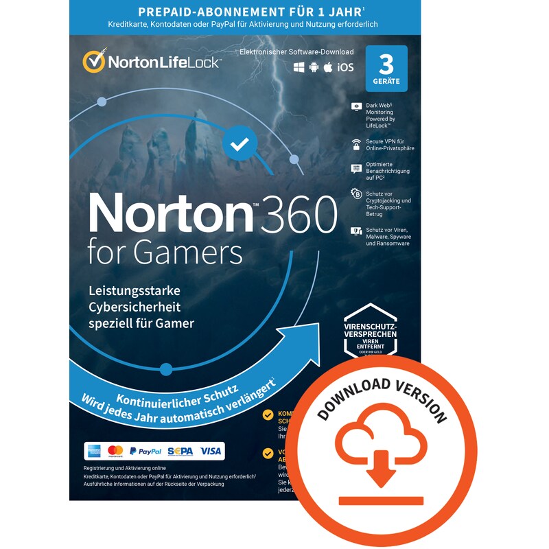 Norton LifeLock 360 for Gamers 50GB 3 Device 1 Year Download Code