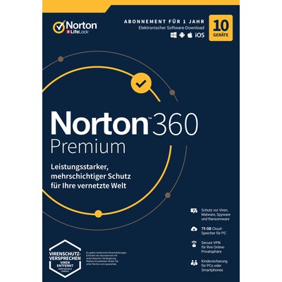 Norton LifeLock 360 Premium | 75GB | 10 Geräte | Download & Produktschlüssel