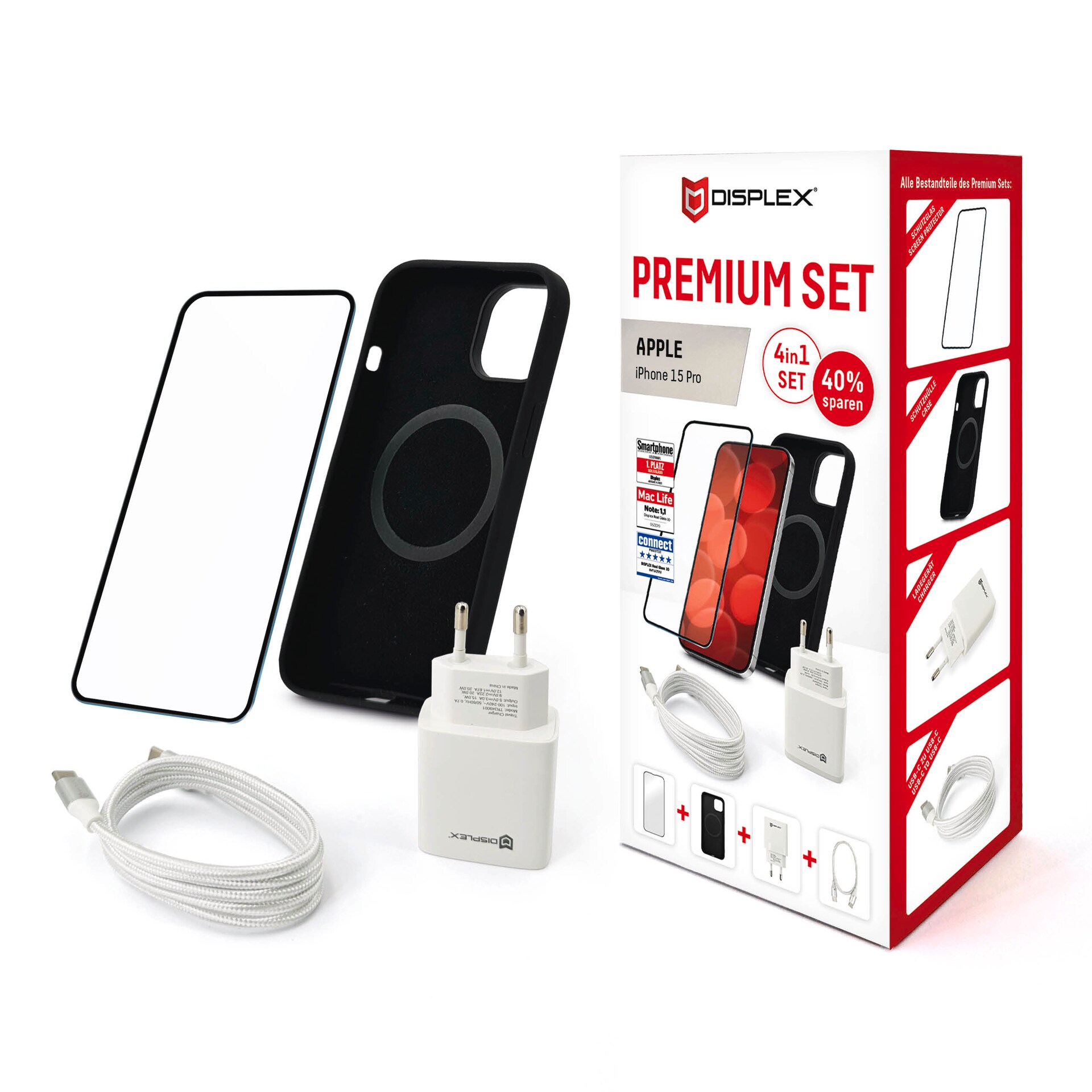 DISPLEX Set Apple iPhone 15 Pro Glas (10H)+Case+Kabel+Netzteil