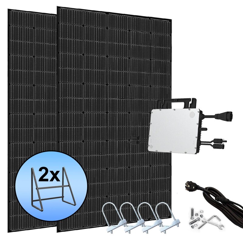 Hyrican Balkonkraftwerk 800Wp, 2x Solarpanel 400W fullblack Multibus-Bar, PERC, Hoymiles HMS-800W-2T Inverter, Montage-Kit