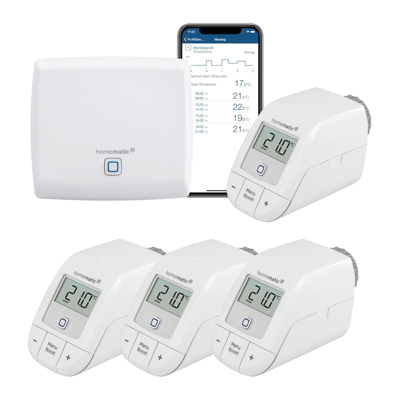 Home 2 günstig Kaufen-Homematic IP Starter Set Smarte Heizung • 4x Thermostat Basic • Access Point. Homematic IP Starter Set Smarte Heizung • 4x Thermostat Basic • Access Point <![CDATA[• Individuelle Temperaturverläufe einfach per App erstellen • A