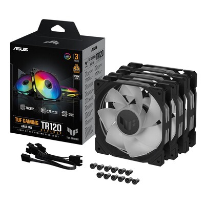 Schwarz&Gold günstig Kaufen-ASUS TUF GAMING TR120 ARGB 3x Gehäuselüfter Reverse schwarz, 120 mm, PWM. ASUS TUF GAMING TR120 ARGB 3x Gehäuselüfter Reverse schwarz, 120 mm, PWM <![CDATA[• 3x 120 mm Gehäuselüfter mit exklusiver doppellagigen LED-Matrix • Höhe