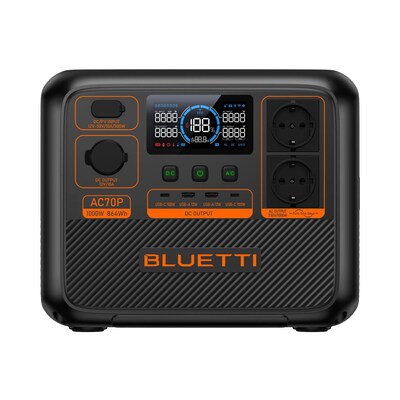 Tragbare Akku günstig Kaufen-BLUETTI Portable Power Station AC70P-Black-EU. BLUETTI Portable Power Station AC70P-Black-EU <![CDATA[• Tragbare Powerstation mit 1.000 Watt und 864 Wh • Leistung kann auf bis zu 2.000 Watt erhöht werden • LiFePO4-Akku mit mehr als 3.000 Ladezyklen