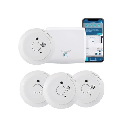 10 X  günstig Kaufen-Homematic IP Starter Set • 4x Rauchwarnmelder • Access Point. Homematic IP Starter Set • 4x Rauchwarnmelder • Access Point <![CDATA[• Optischer Streulicht-Rauchwarnmelder mit Q-Label • 10-Jahres Rauchmelder • Alarmierung 