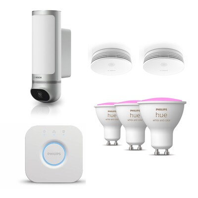 Am a günstig Kaufen-Bosch Smart Home Eyes Außenkamera II + 2x Rauchwarnmelder II & Philips Hue 3x Amb. GU10 + Bridge V2. Bosch Smart Home Eyes Außenkamera II + 2x Rauchwarnmelder II & Philips Hue 3x Amb. GU10 + Bridge V2 <![CDATA[• Personenerkennung via V