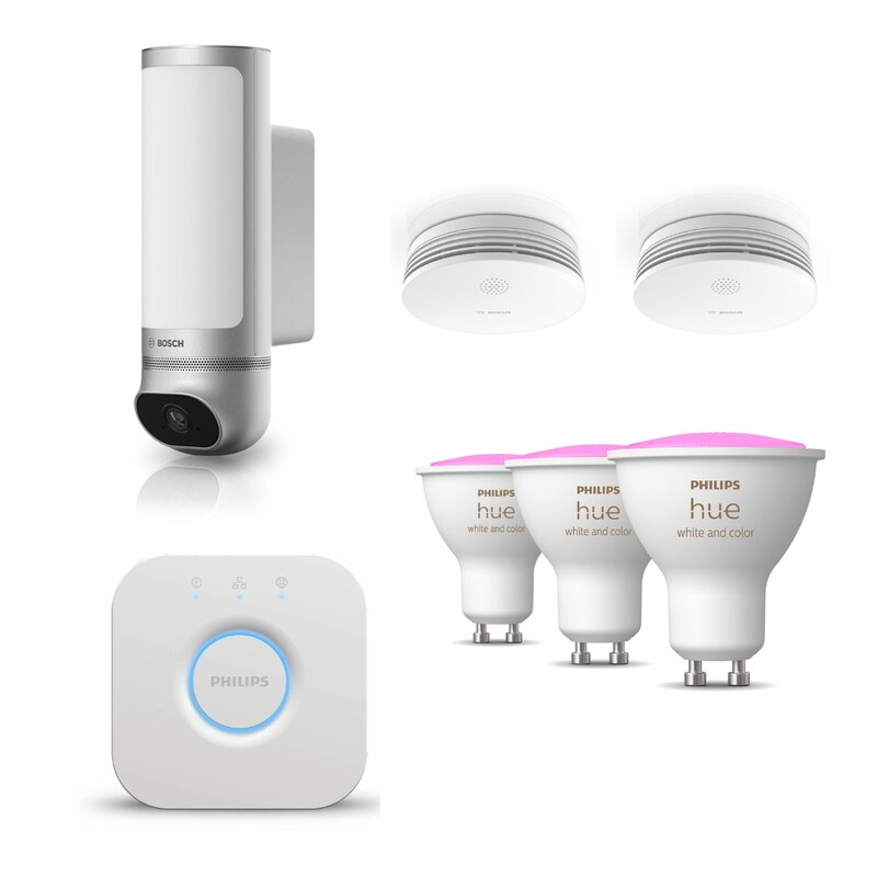 Bosch Smart Home Eyes Außenkamera II + 2x Rauchwarnmelder II & Philips Hue 3x Amb. GU10 + Bridge V2