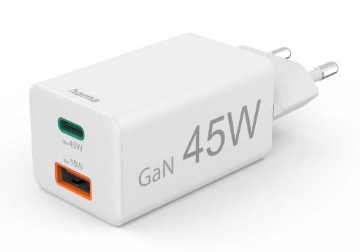 Hama 00201993 Schnellladegerät, 1x USB-C PD, 1x USB-A QC, Mini-Ladegerät, 45 W, Weiß