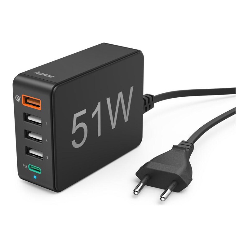 Hama 00086415 Schnellladegerät 5 Ports, 1x QC 3.0, 3x USB-A, 1x USB-C PD, 51 W, Schwarz