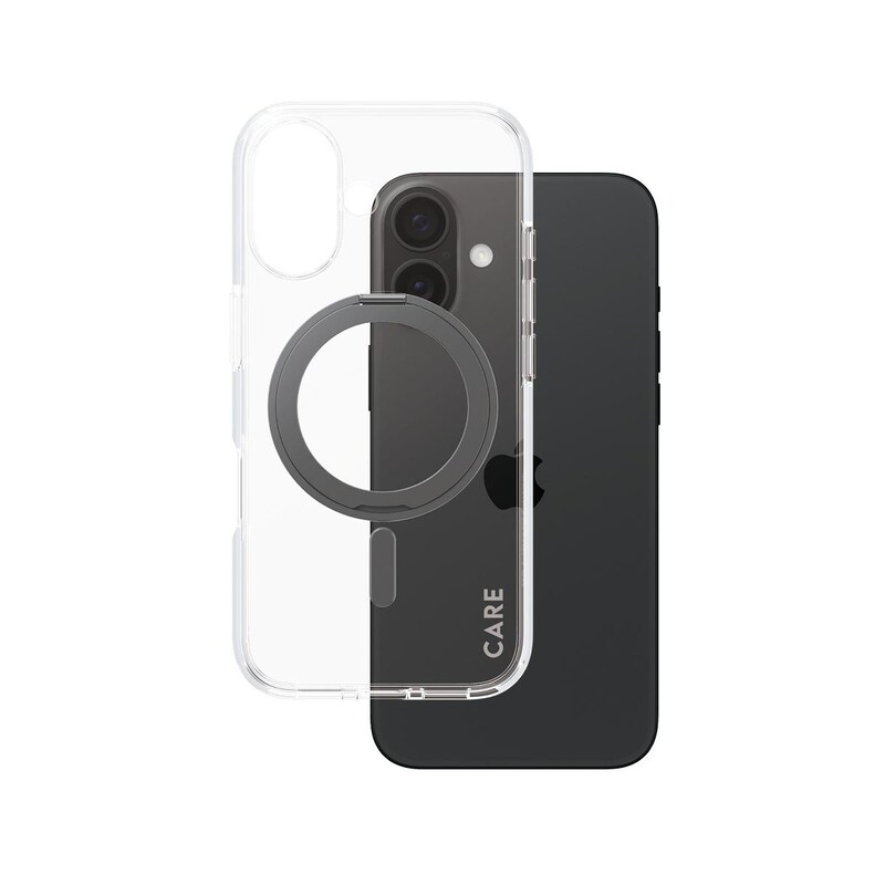 CARE by PanzerGlass® Feature Case Transparent m. Schwarz Kickstand & MagSafe iPhone 16