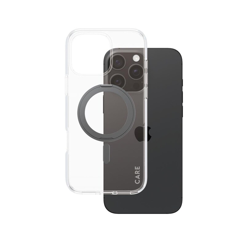 CARE by PanzerGlass® Feature Case Transparent m. Schwarz Kickstand & MagSafe iPhone 16 Pro Max