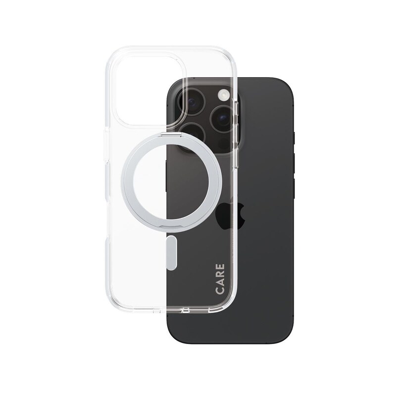 CARE by PanzerGlass® Feature Case Transparent m. Silber Kickstand & MagSafe iPhone 16 Pro