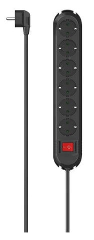 Hama 00223132 Steckdosenleiste, 6-fach, 90° gedreht, Schalter, Wandmontage, 2 m, Schwarz