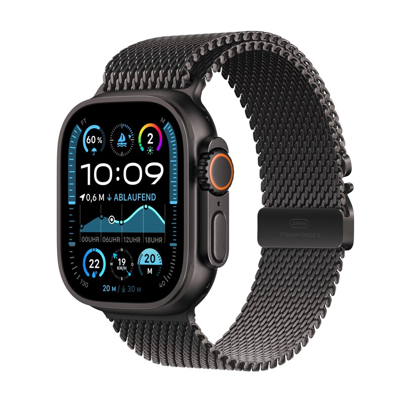 Apple Watch Ultra 2 LTE 49mm schwarzes Titan Gehäuse mit schwarzem Titan Milanese Armband - M