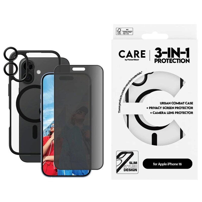 CARE by PanzerGlass® Flagship 3-in-1 Privacy Set iPhone 16