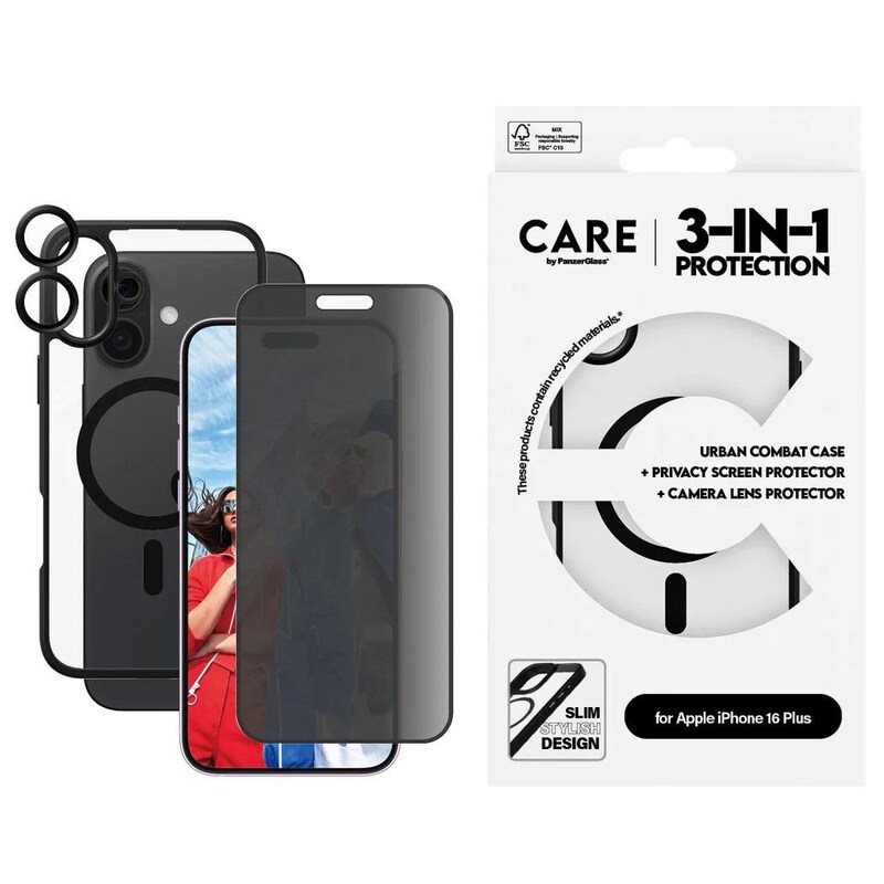 CARE by PanzerGlass® Flagship 3-in-1 Privacy Set iPhone 16 Plus