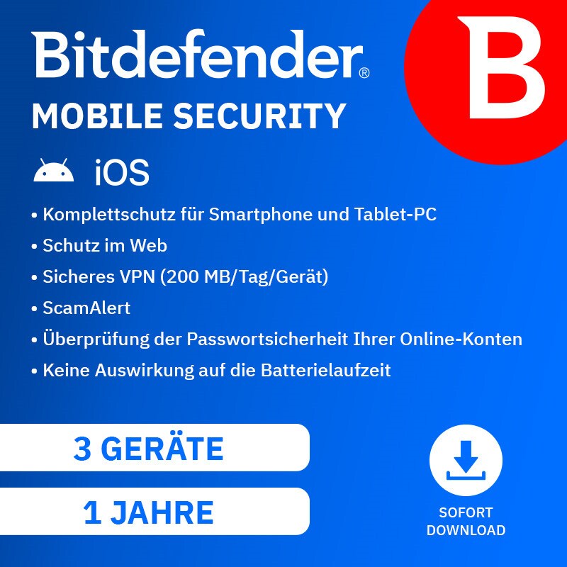 Bitdefender Mobile Security 1 Jahr - 3 Geräte - Download Code