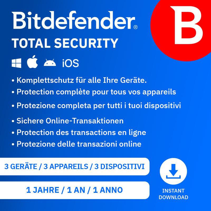 Bitdefender Total Security 1 Jahr 3 Geräte - Antivirus & Cybersicherheit - Download Code