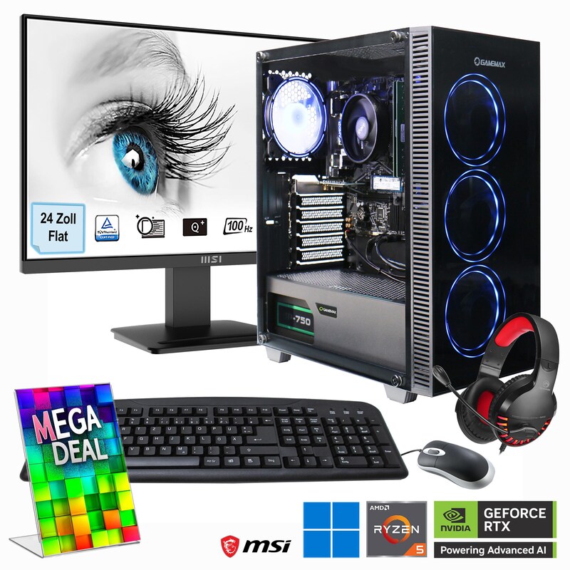 Hyrican MegaDeal Gaming-PC Draco XD SET2478 7373 + MSI PRO MP2412DE + Maus, Tastatur & Headset