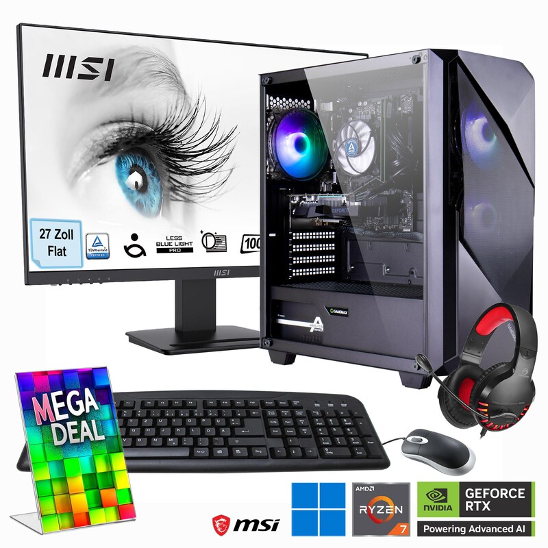 Hyrican MegaDeal Gaming-PC Striker SET2487 7374 + MSI PRO MP273ADE + Maus, Tastatur & Headset