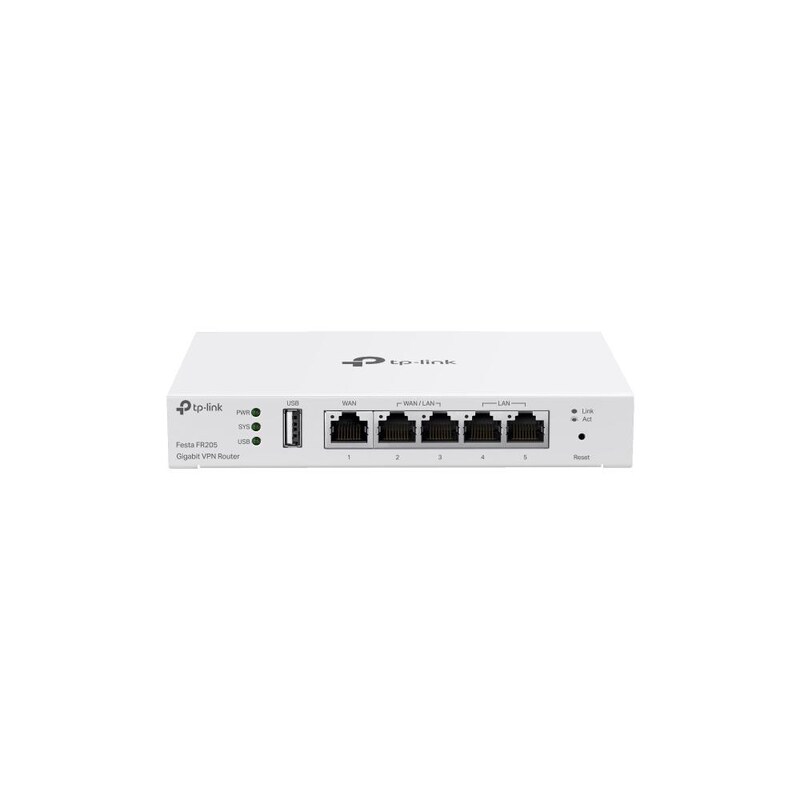 VPN günstig Kaufen-TP-Link Festa FR205 Gigabit VPN Gateway. TP-Link Festa FR205 Gigabit VPN Gateway <![CDATA[• Router mit Ports RJ-45-Modem • 3x WAN, 5x GB-LAN, 1x USB • Lieferumfang:]]>. 