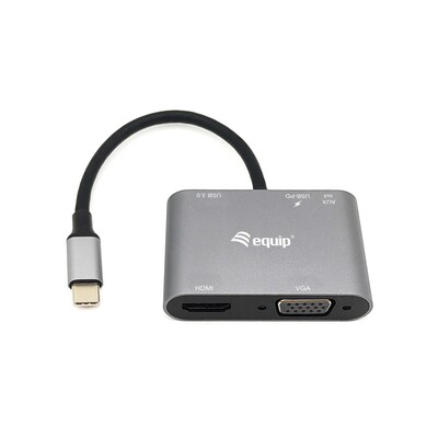 EQUIP 133483 USB-C 5-in-1 Multifunktionsadapter, HDMI, VGA (HD15), 100W USB PD, USB3.0, AUX