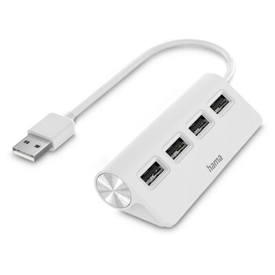 Hama 00200120 USB-Hub, 4 Ports, USB 2.0, 480 Mbit/s, weiß