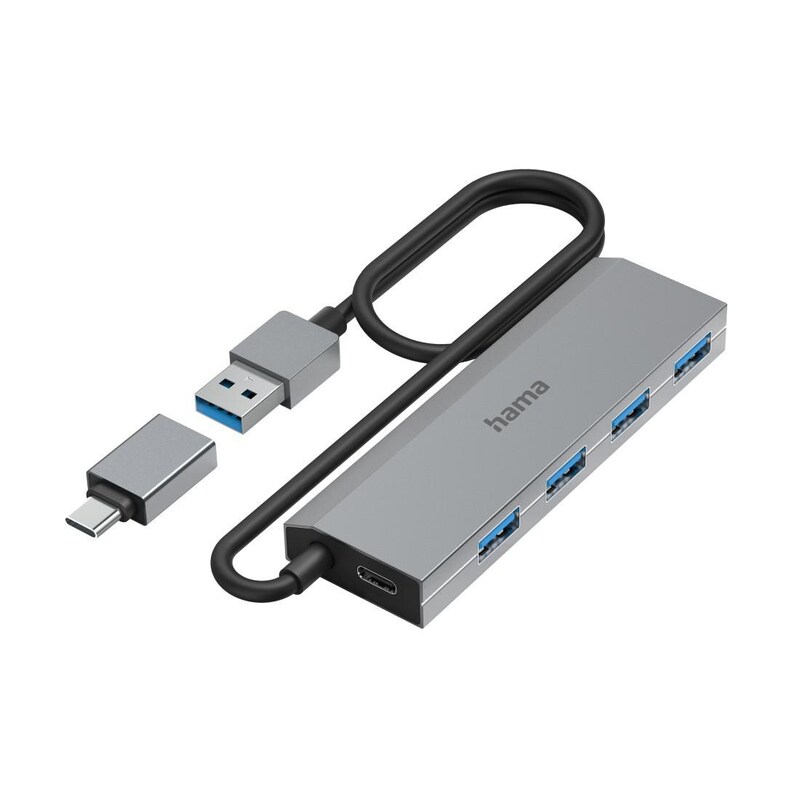 Hama 00200138 USB-Hub, 4 Ports, USB 3.2 Gen1, 5 Gbit/s, Ultra Slim, inkl. USB-C-Adapter + Netzteil