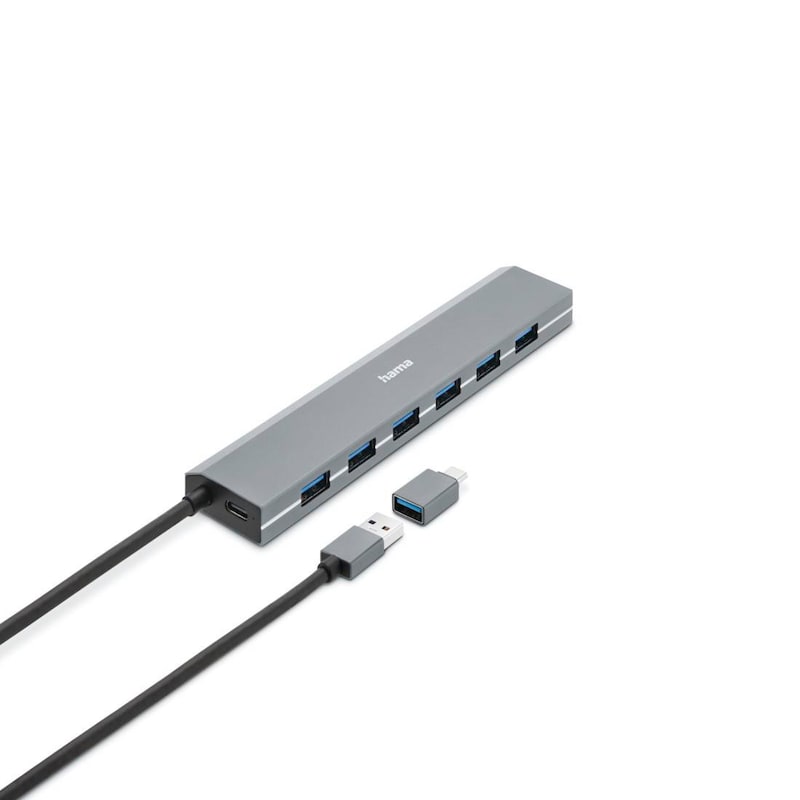 Hama 00200137 USB-Hub, 7 Ports, USB 3.2 Gen1, 5 Gbit / s, inkl. USB-C-Adapter und Netzteil