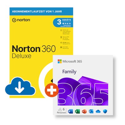 Microsoft 365 Family (15 Monate Office-Apps inkl. Copilot-KI und 6TB Cloudspeicher) + Norton 360 Deluxe | Download & Pro