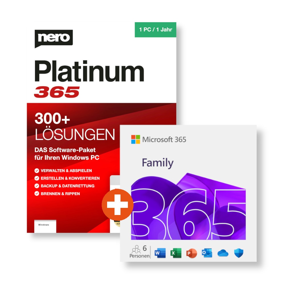 Microsoft 365 Family (Office-Apps inkl. Copilot-KI und 6TB Cloudspeicher) + NERO Platinum 365 | Download & Produktschlüssel