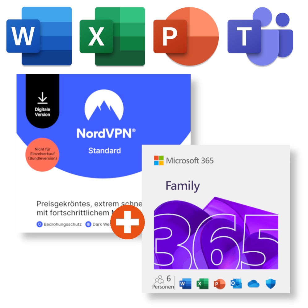 Microsoft 365 Family (Office-Apps inkl. Copilot-KI und 6TB Cloudspeicher) + NordVPN | Download & Produktschlüssel