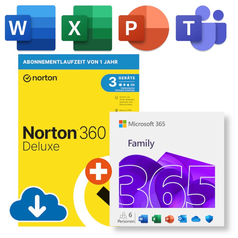 Microsoft 365 Family (15 Monate Office-Apps inkl. Copilot-KI und 6TB Cloudspeicher) + Norton 360 Deluxe | Download & Pro