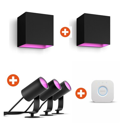Bundle Philips Hue White & Color Ambiance Lily Spot Outdoor schwarz 3er Pack + 2 x Resonate Wandleuchte + Bridge V2