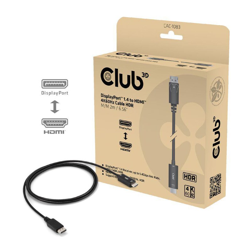 Club 3D Adapterkabel DisplayPort 1.4 zu HDMI 4K60Hz mit HDR St./St. 2m schwarz