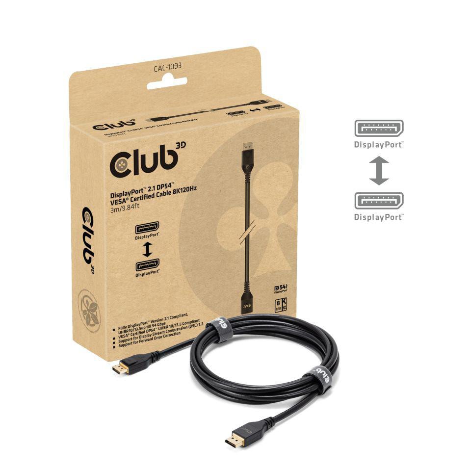 Club 3D DisplayPort 2.1 VESA DP54 zertifiziertes Kabel 8K120Hz St./St. 3m schwarz
