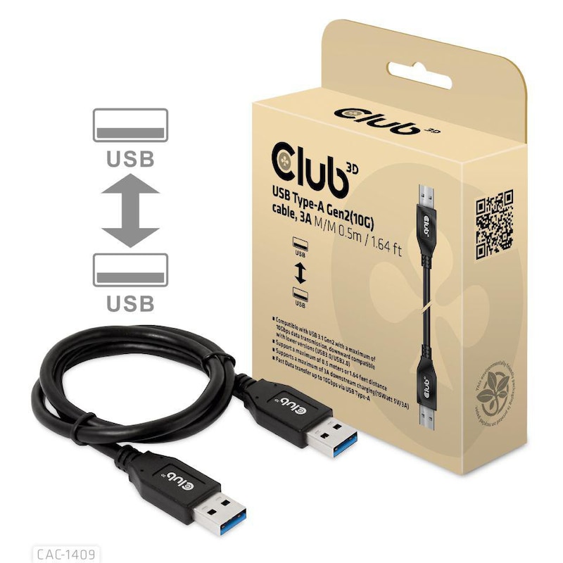 3D 1 günstig Kaufen-Club 3D USB Typ-A Gen2 (10G) Kabel 3A St/St 0.5m schwarz. Club 3D USB Typ-A Gen2 (10G) Kabel 3A St/St 0.5m schwarz <![CDATA[• USB-Kabel, Spezifikation:  - Länge: 500 mm • Anschluß A: USB Typ A • Anschluß B: USB Typ A • passend für: StromDatenAudio/Video •
