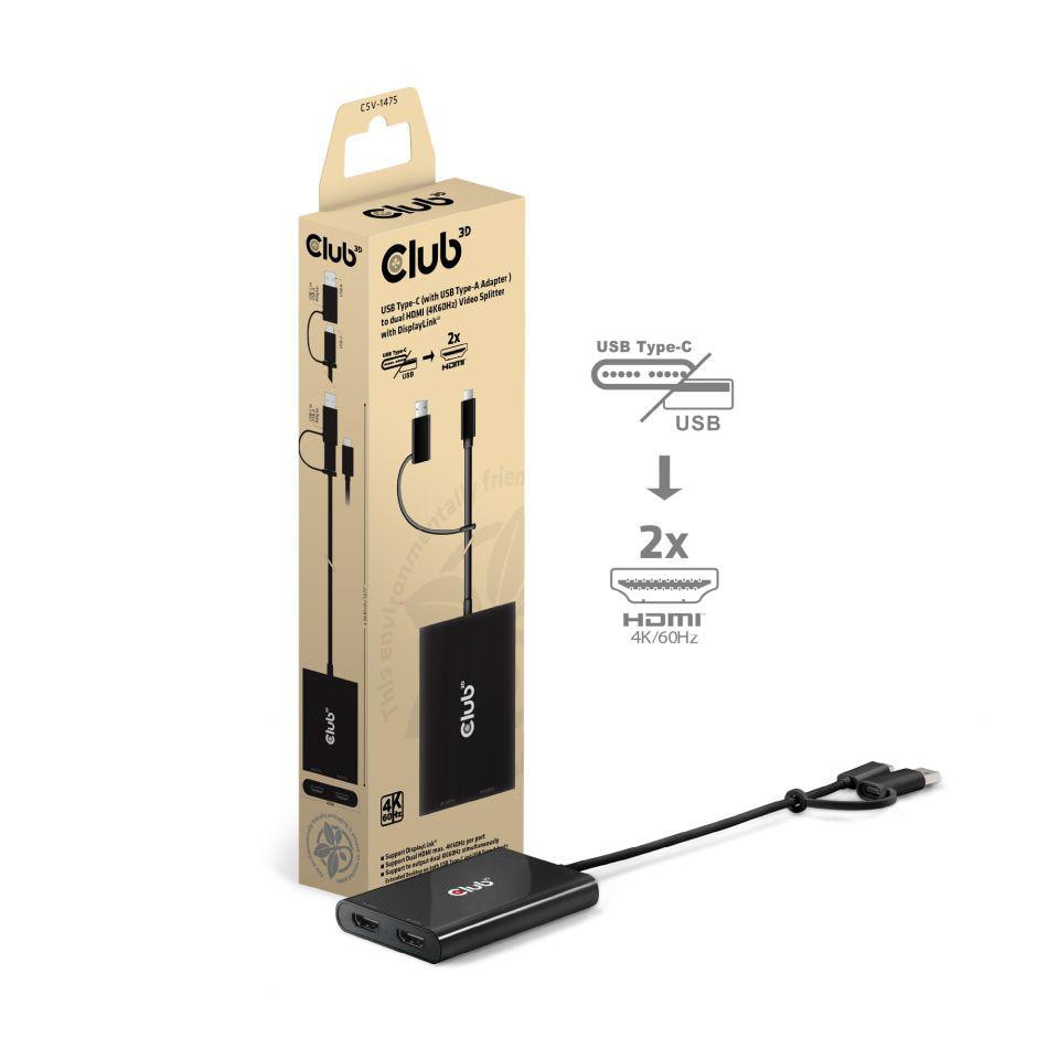 Club 3D USB Typ-C (mit USB Typ-A Adapter) auf dualen HDMI (4K60Hz) Video Splitter mit DisplayLink Image